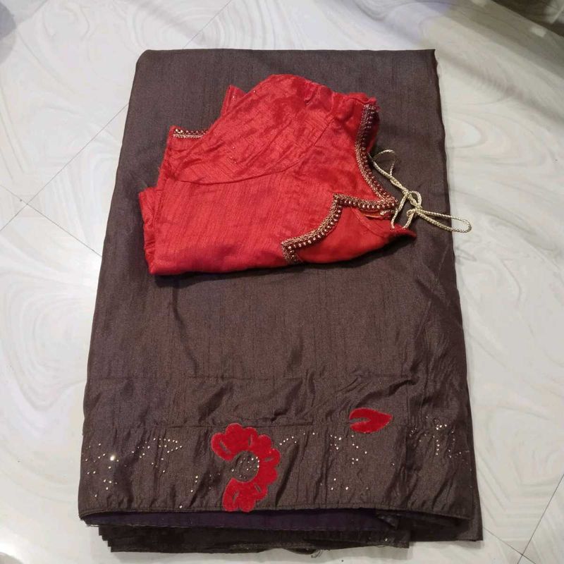 Elegant Brown Saree with Red Blouse