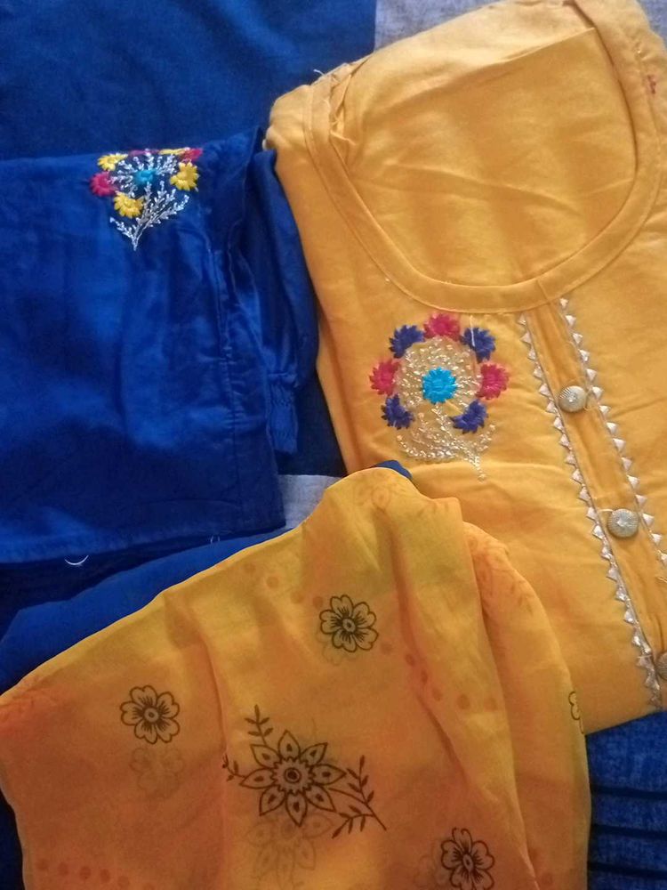 Yellow Kurta Set with Blue Bottom