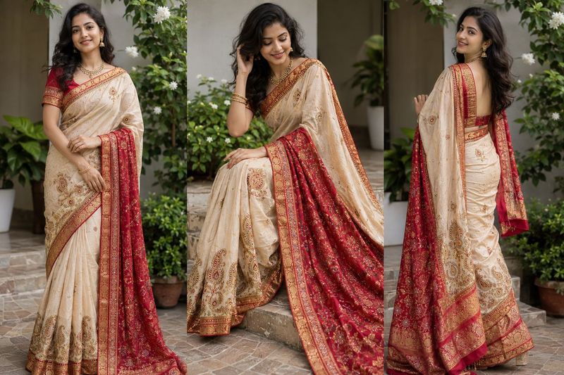 Elegant Cream &amp; Red Embroidered Saree
