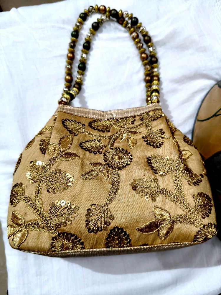 Embroidered Clutch with Beaded Handle