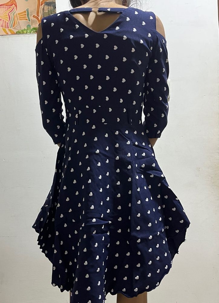 Navy Blue Heart Print Cold Shoulder Dress