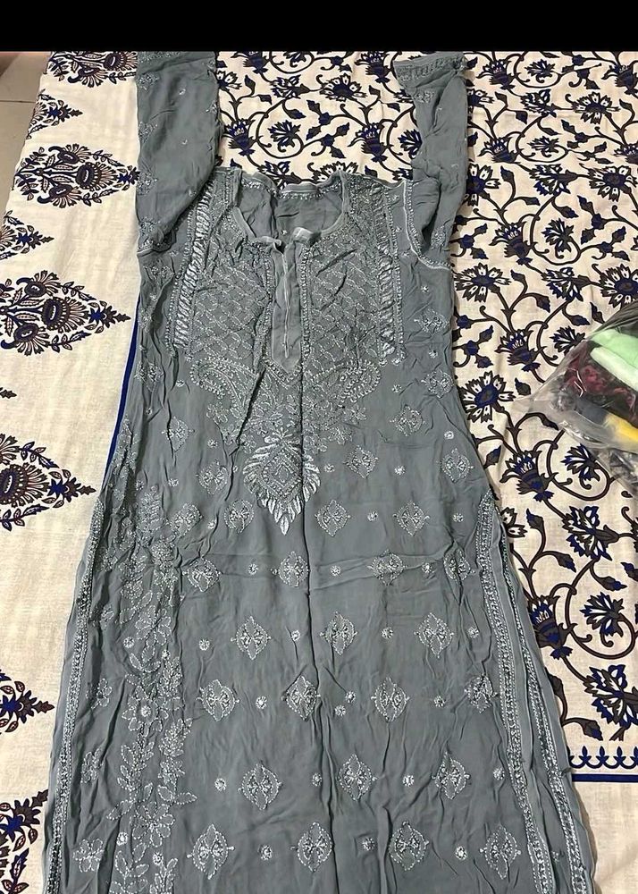 Elegant Grey Chikankari Kurta Set