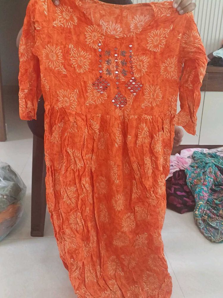 Orange Printed Kurta with Mirror Work