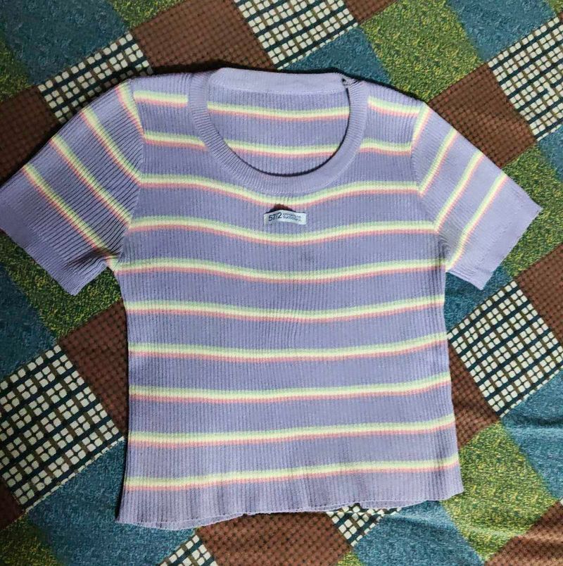 Pastel Striped Ribbed Knit Top