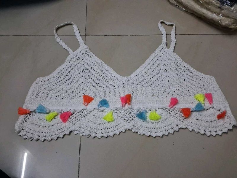 White Crochet Tassel Bralete