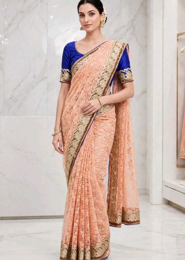 Elegant Peach Lace Saree