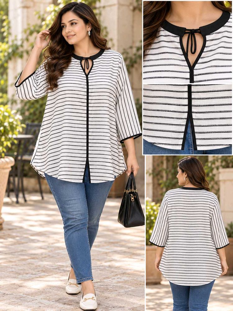 Chic Striped Tie-Neck Tunic Top