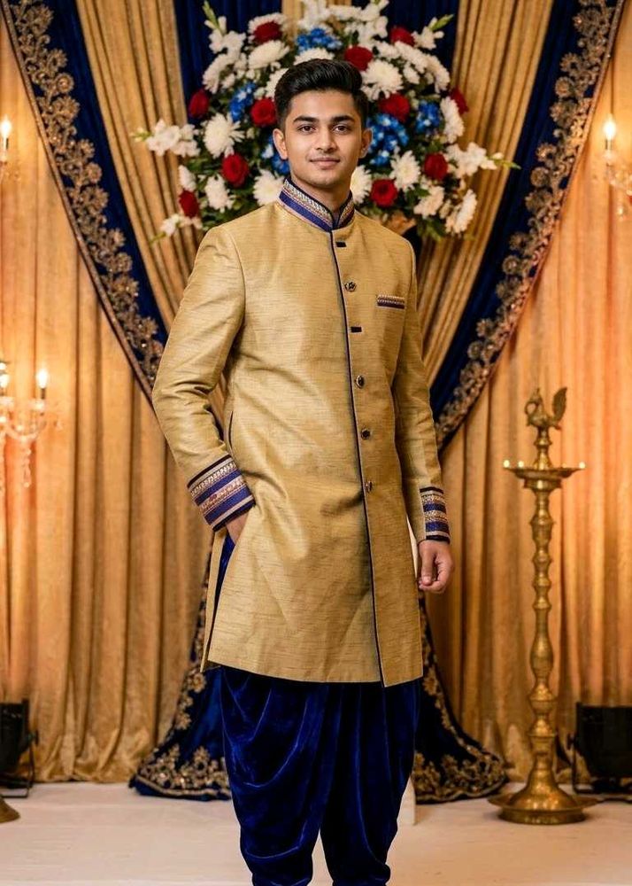 Men's Golden Sherwani with Blue Dhoti