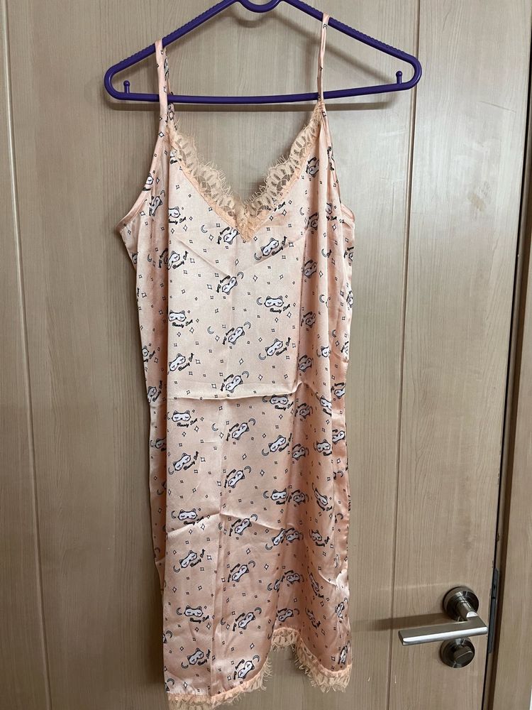 Cute Cat Print Satin Nightgown