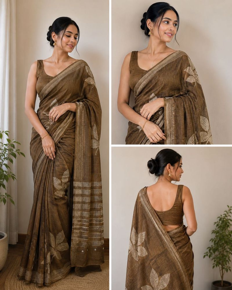 Elegant Brown Saree with Leaf Motifs