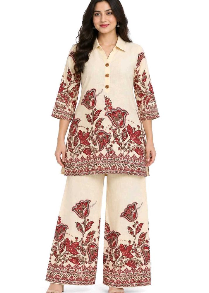 Cream Printed Kurta Set