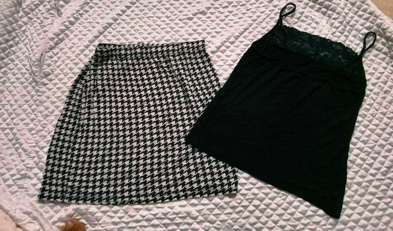 Houndstooth Skirt &amp; Black Cami Set