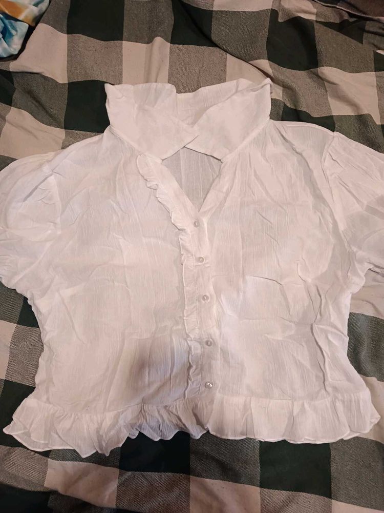 White Ruffled Collared Puff Sleeve Blouse