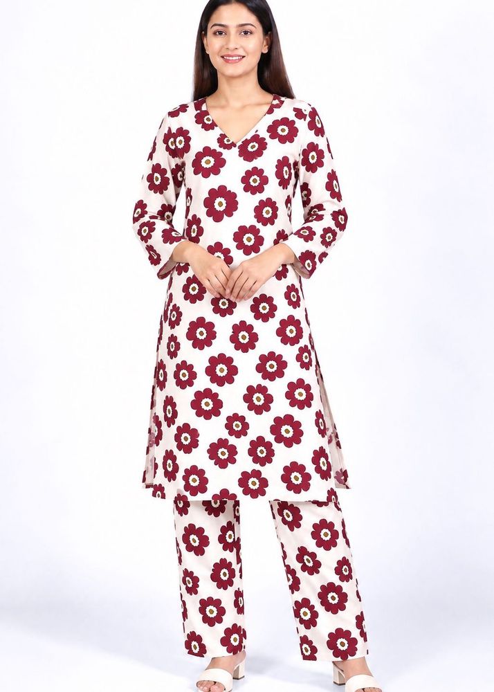 White Kurta with Burgundy Floral Print