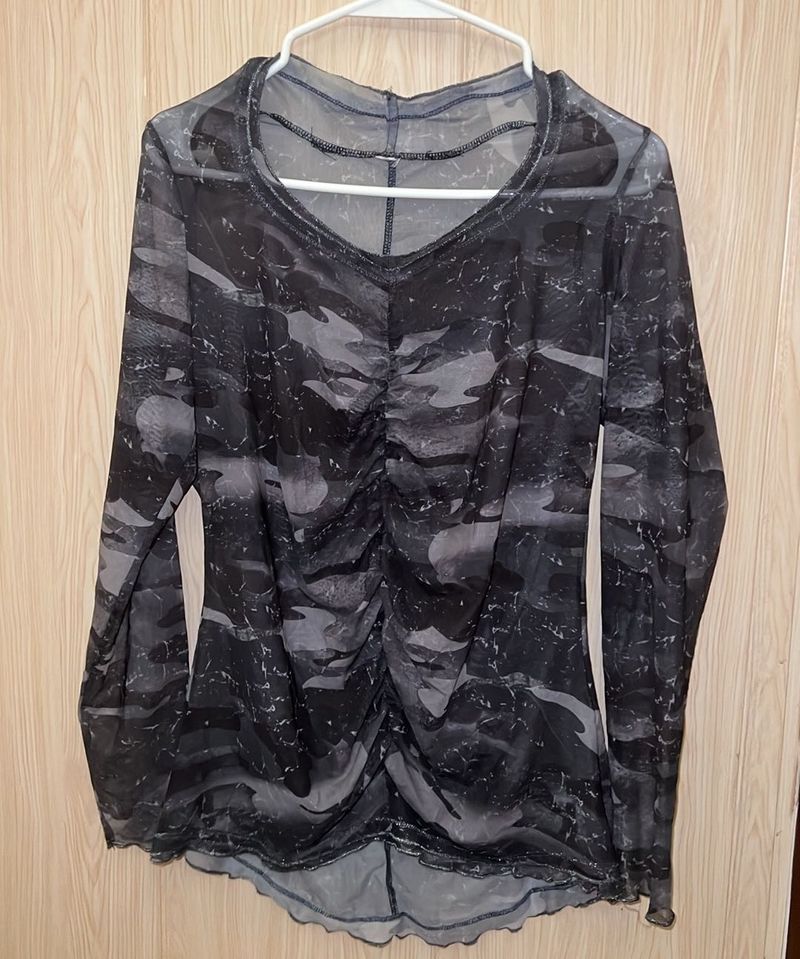 Sheer Camo Ruched Long Sleeve Top