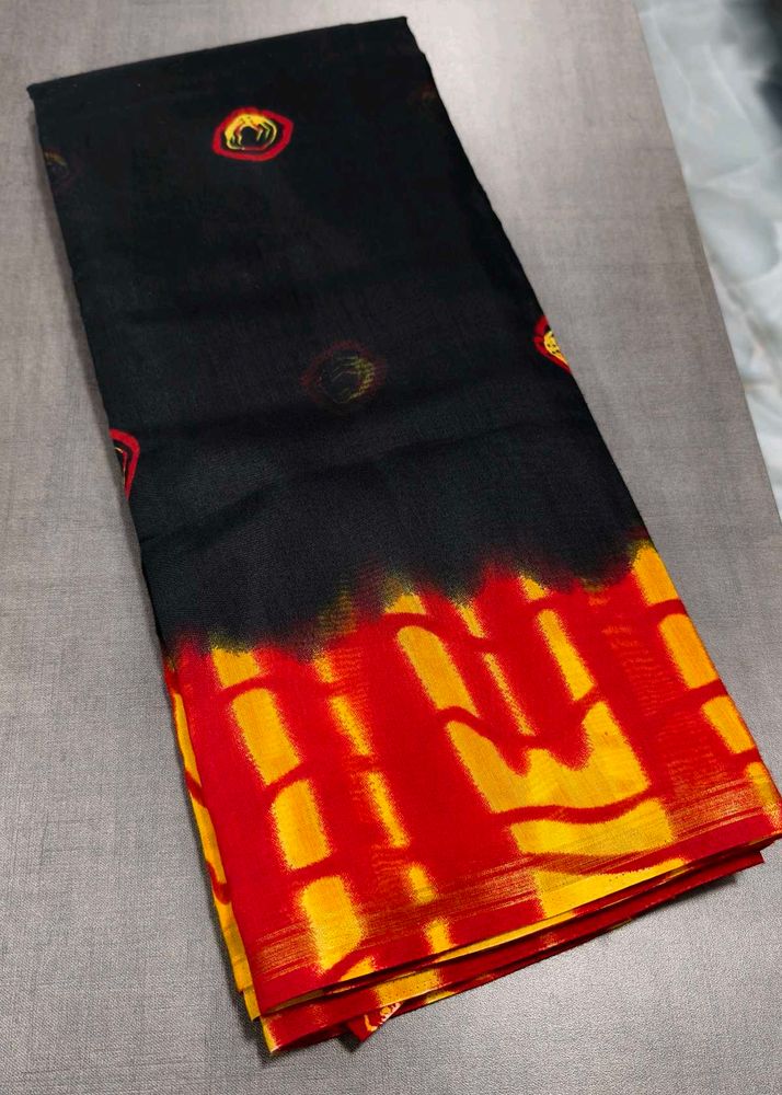 Stylish Black Saree with Red &amp; Yellow Border