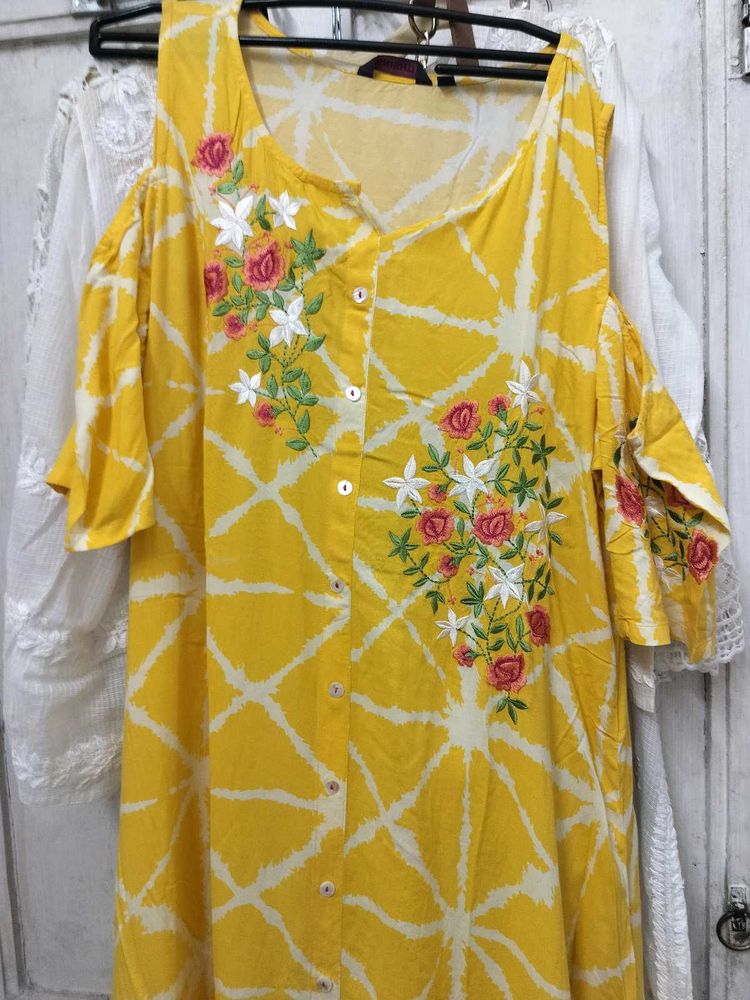 eembroidered cold shoulder yellow kurta