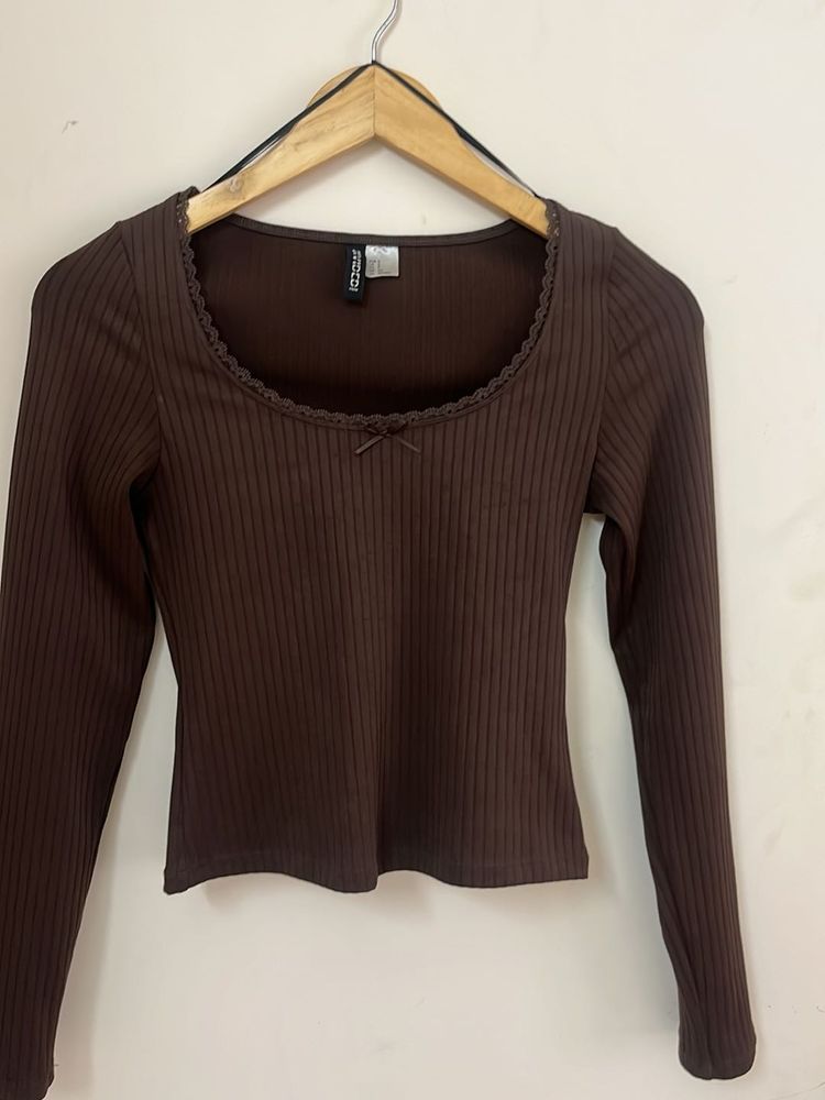 Ribbed Long Sleeve Top with Bow Detail