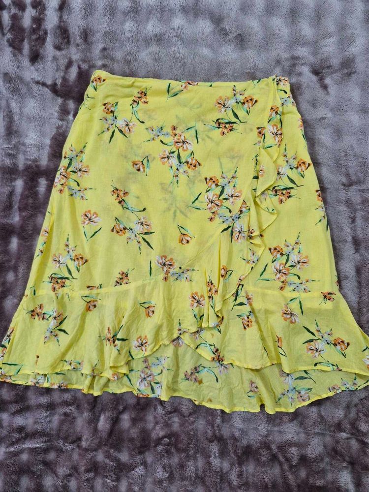 Yellow Floral Print Ruffle Skirt