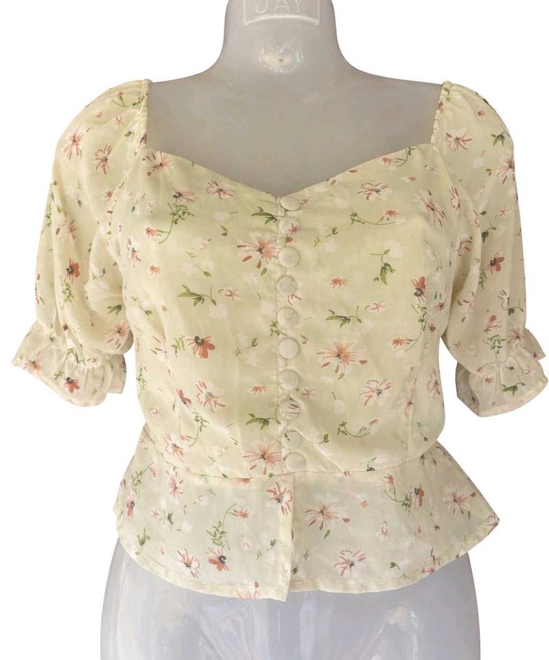 Floral Puff Sleeve Sweetheart Neck Top