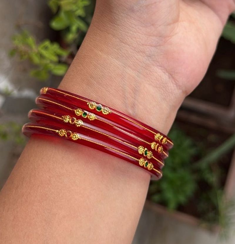 Red Glass Bangles with Gold Detail