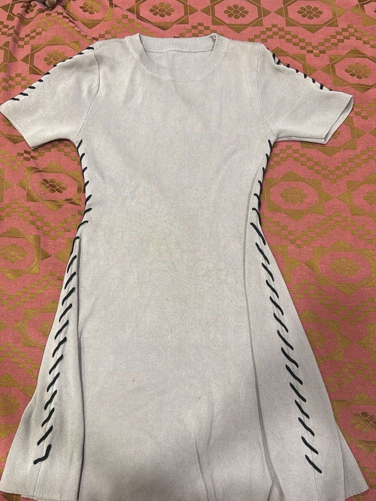 Light Blue Knit Dress with Black Stitching