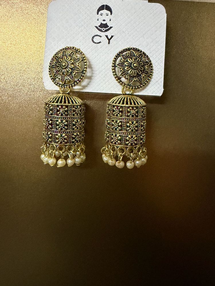 Elegant Oxidised Jhumka Earrings with Pearls