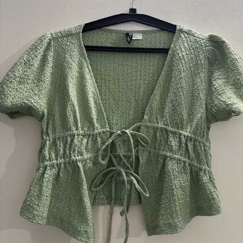 Sage Green Tie-Front Textured Top