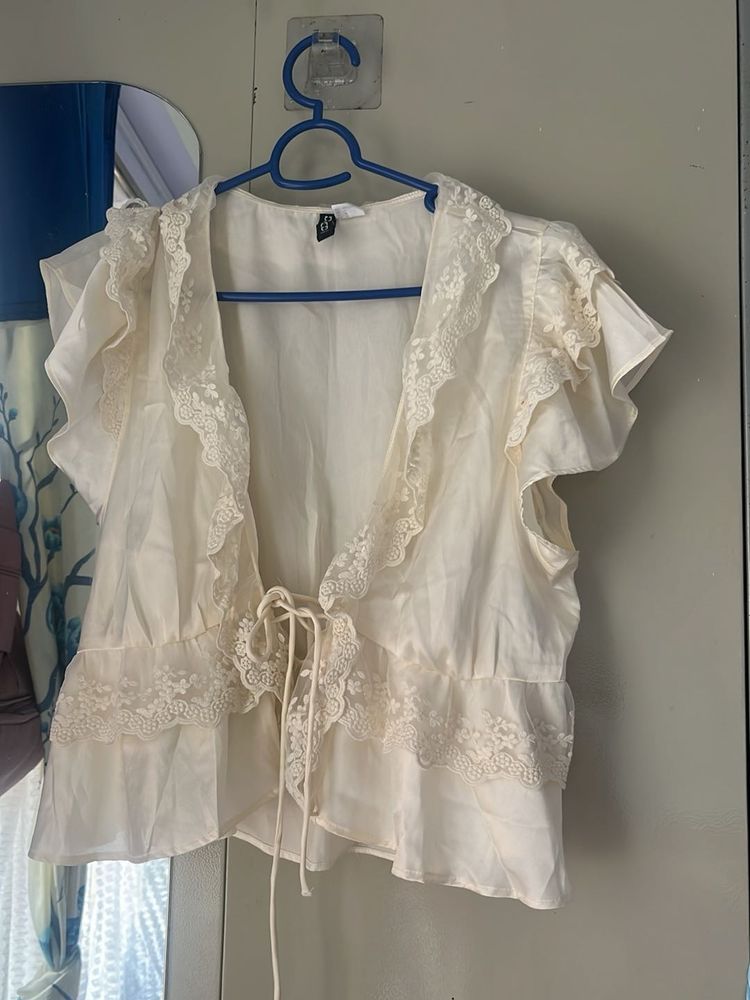 Cream Lace Trimmed Flutter Sleeve Top