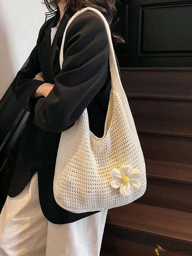 Chic Knitted Tote Bag with Flower