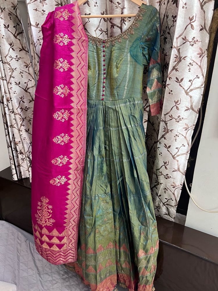 Elegant Green Ethnic Gown with Pink Dupatta