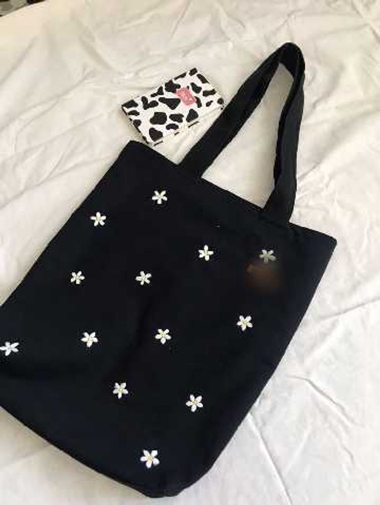 Floral Embroidered Black Tote Bag