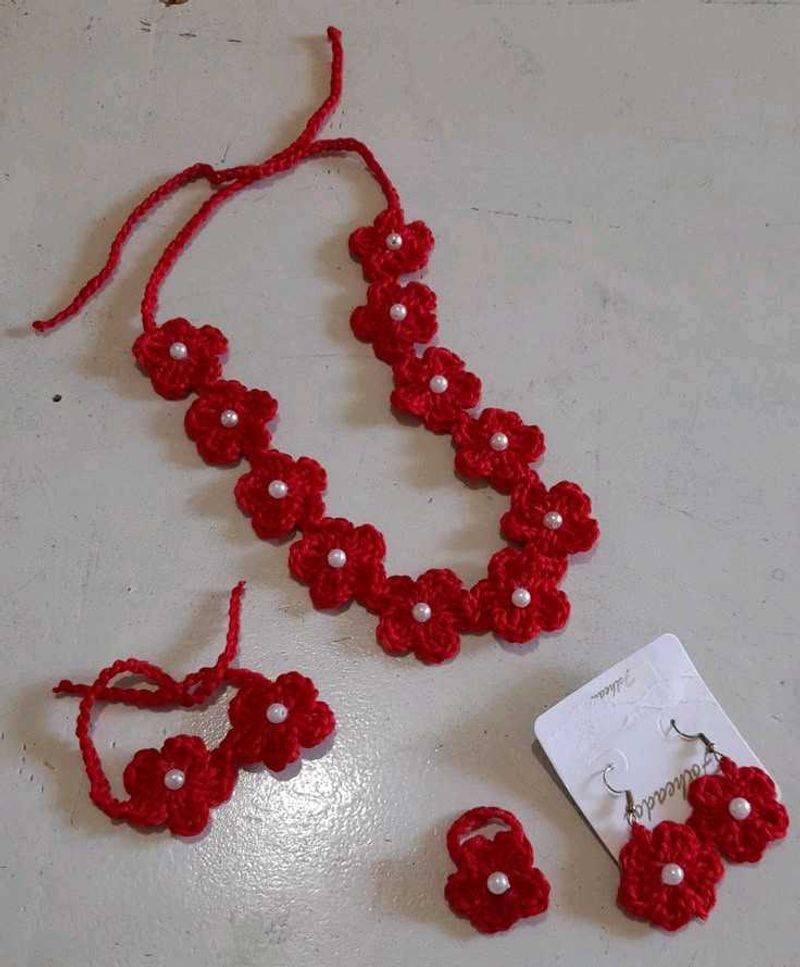 Red Flower Crochet Jewelry Set