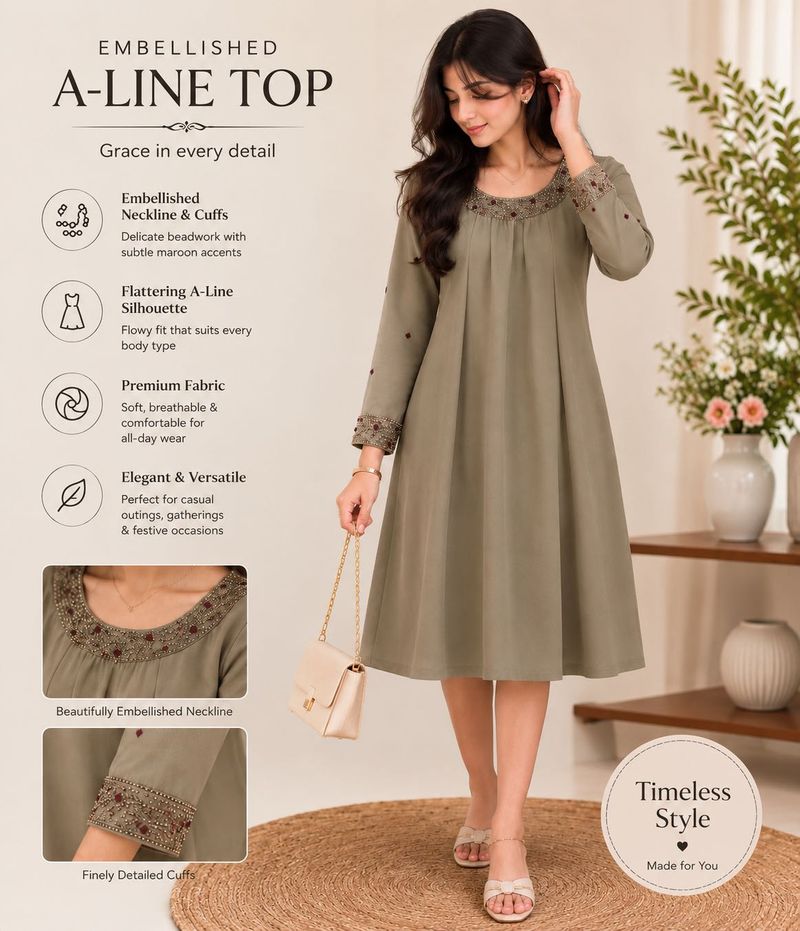 Premium Olive Green Embellished A-Line Midi Dress