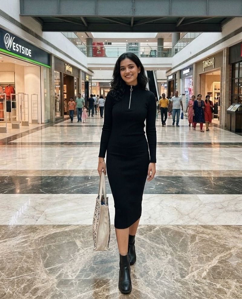 Black Ribbed Zipper Dress