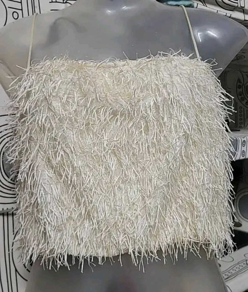 off White Fringed Crop Top