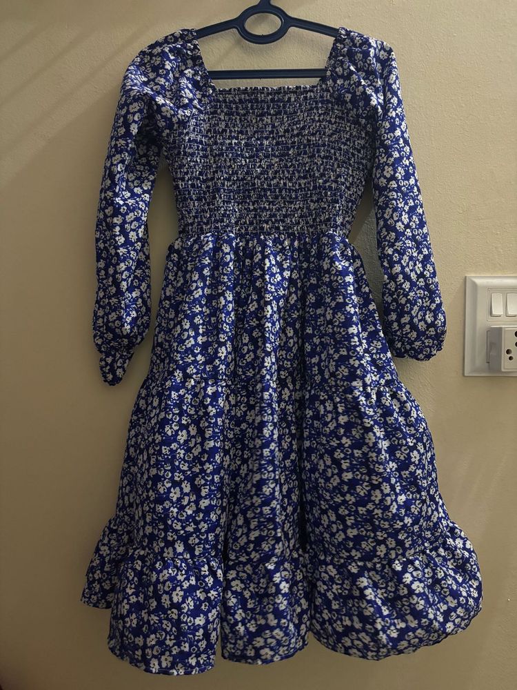 Blue Floral Smocked Midi Dress