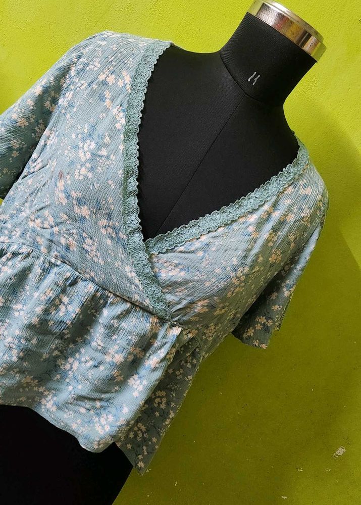 Powder Blue Floral Print V-Neck Top Tunic