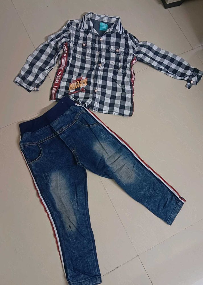 Boys Plaid Shirt &amp; Jeans Set