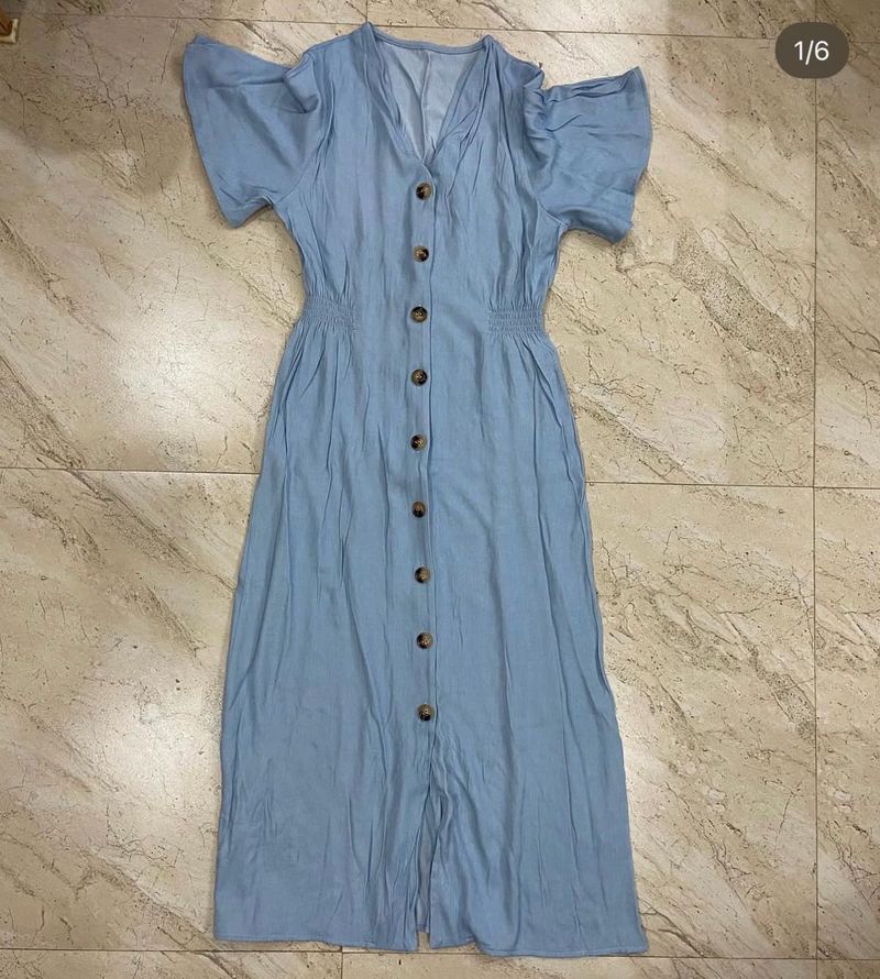 Light Blue Button-Front Midi Dress