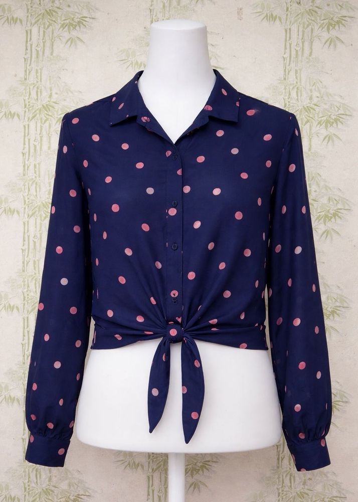 Navy Blue Polka Dot Tie-Front Blouse