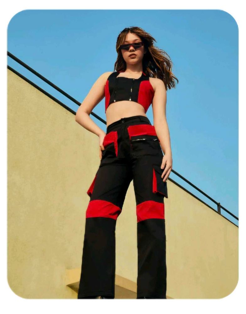 Black &amp; Red colour block cargo Co-ord Set