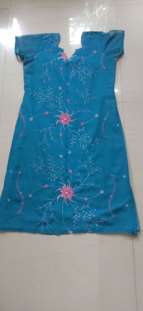 Beautiful Blue Kurti with Pink &amp; White Embroidery