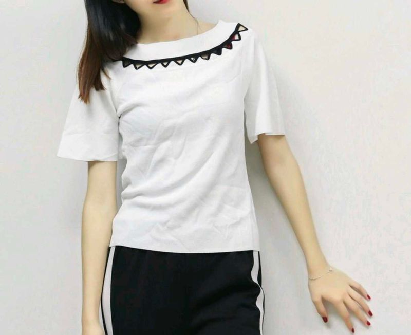 White Scalloped Neck Top