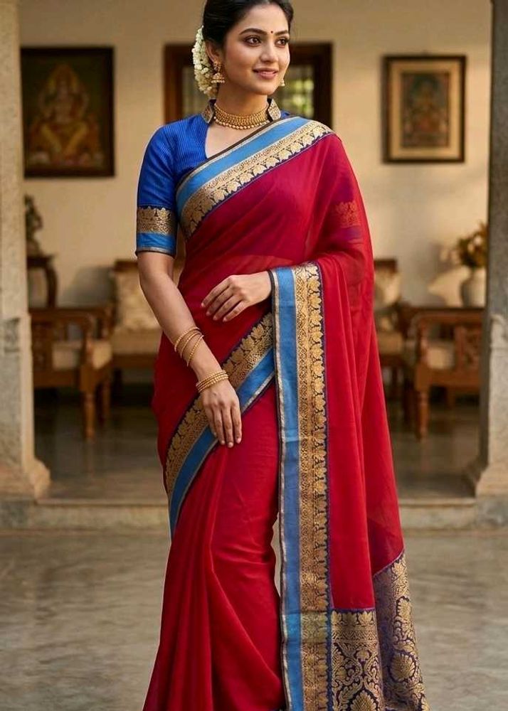 Red Saree with Blue and Gold Border