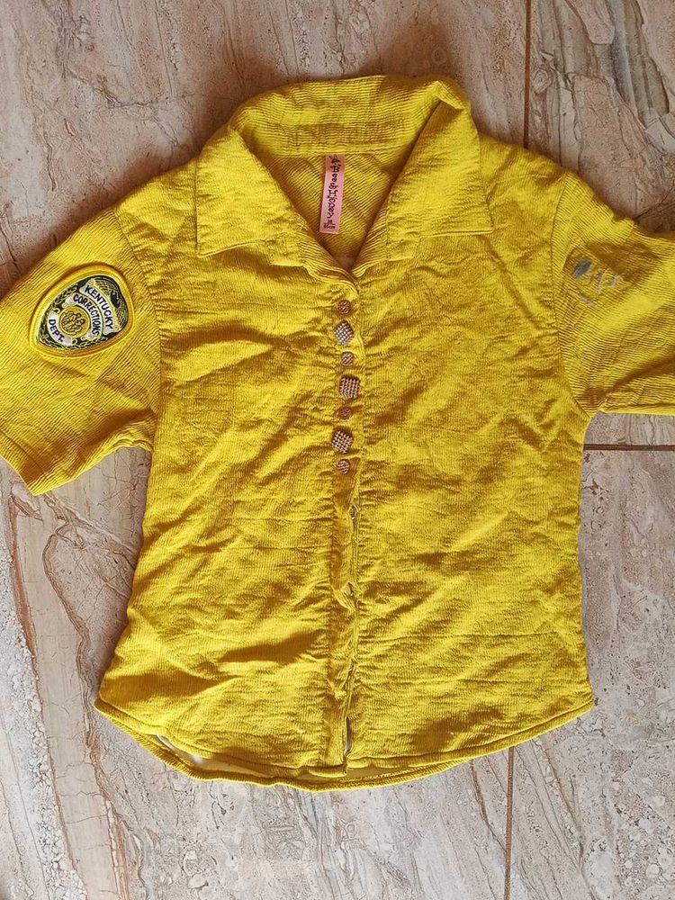 Yellow Button-Up Shirt with Patches