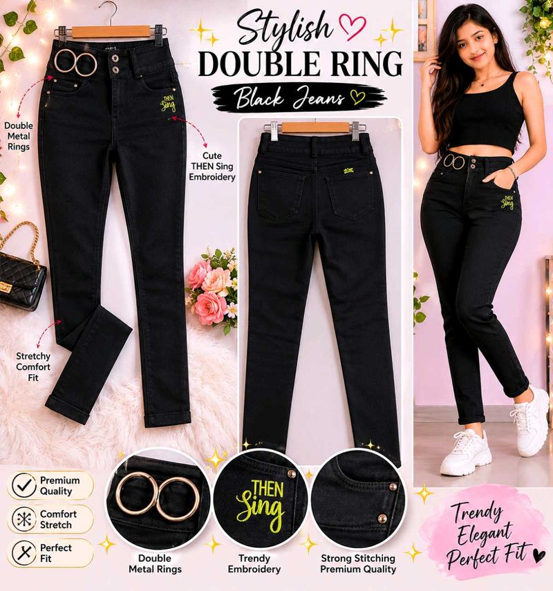 Stylish Black Jeans with Double Ring Detail