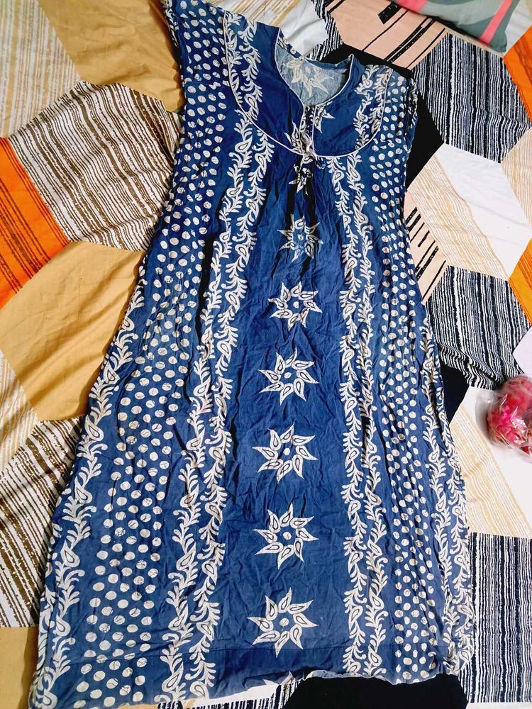 Blue Cotton Maxi  with White Print