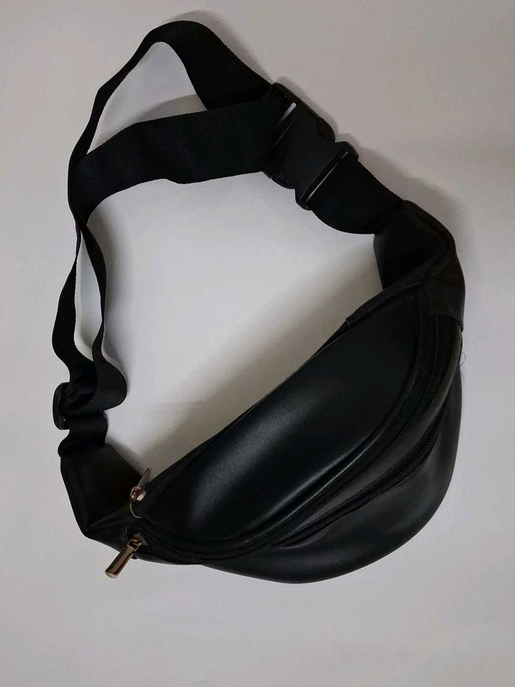 Sleek Black Faux Leather Fanny Pack