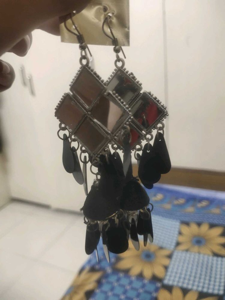Unique Mirror &amp; Black Dangle Earrings combo
